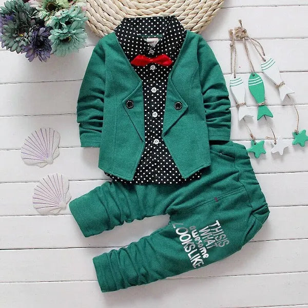 Kids Thinner Clothes Sets Spring Autumn Tracksuit Baby Boys Kid Long Sleeve Gentleman Suits Children T Shirt Pants Clothing Sets Green