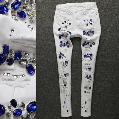 Bead Diamond Ripped Jeans Femme Pants Stretch Jeans Hole Elastic Skinny Jeans Woman Pencil Pants White Jeans Female PURPLE