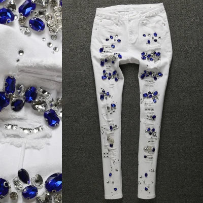 Bead Diamond Ripped Jeans Femme Pants Stretch Jeans Hole Elastic Skinny Jeans Woman Pencil Pants White Jeans Female PURPLE