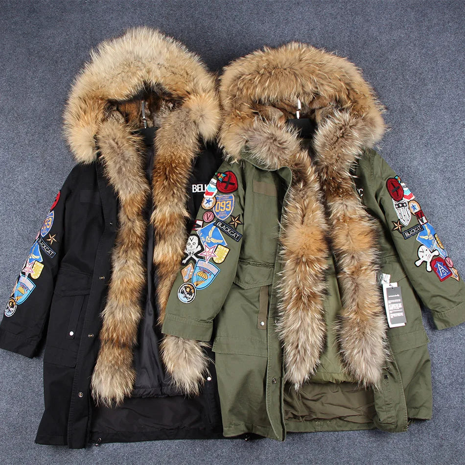 MaoMaoKong Natural Raccoon Fur Collar Women Jacket X-Long Embroidery Large Real Fur Hooded Parkas Winter Coat