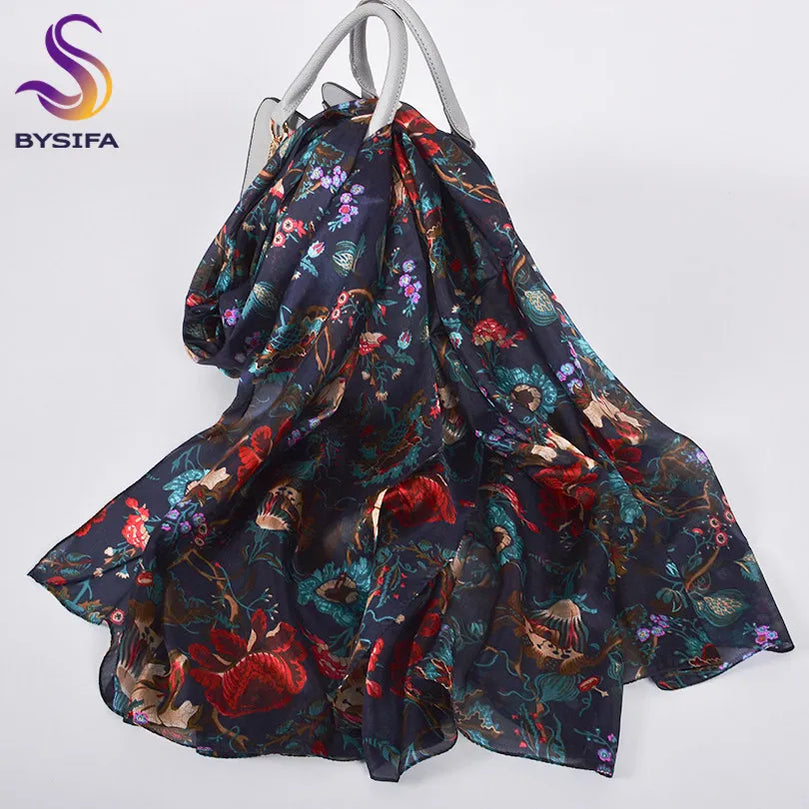 white100% Silk Scarf Women Scarves Bufandas Summer Beach Shawls Foulard Fall Winter Brand Flower Design Long Neck Scarves Hijabs navy blue red