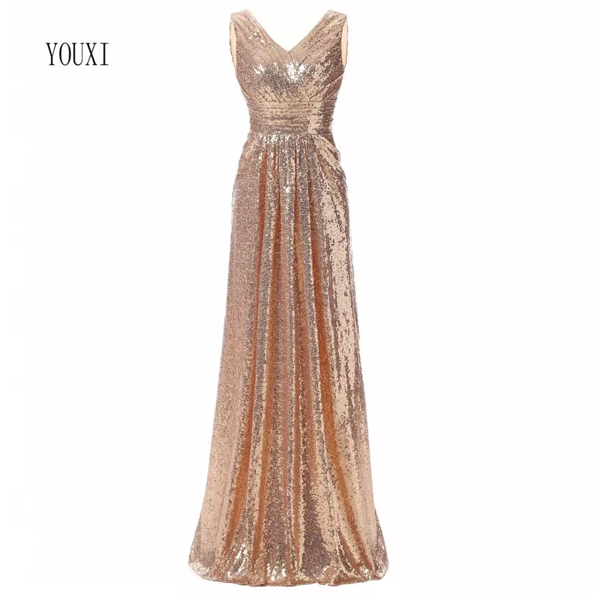 Rose Gold Sequined Bridesmaid Dresses Elegant Long Wedding Party Guest Dress vestidos de fiesta de noche Prom Dress