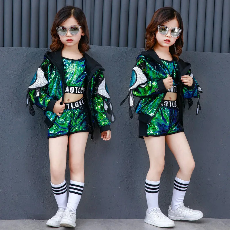 Sequin Kids Ballroom Dance Costume Crop Top Dancing Short Pant Girls Hip Hop Hoodie Jazz Dance Coat Fashion Dancewear Clothing