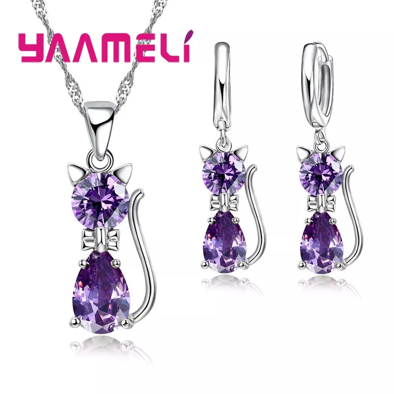 925 Sterling Silver Color Jewelry Sets for Woman Girls Shining Austrian Crystal Cute Cat Pendant Necklace Huggie Earring Purple