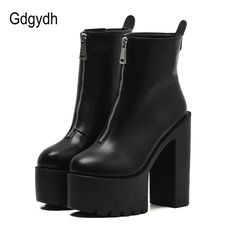 Fashion Autumn Women Ankle Boots Leather Black Female High Heels Shoes Ultra High Platform Heels Round Toe Lady Shoe