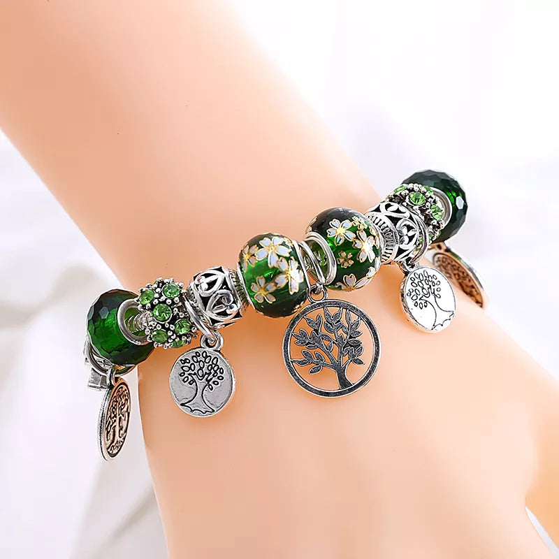 Silver Color Tree of Life Fashion Bead Bracelets Green Leaf Floral Crystal Charm Bracelet & Bangle Pulsera Jewelry