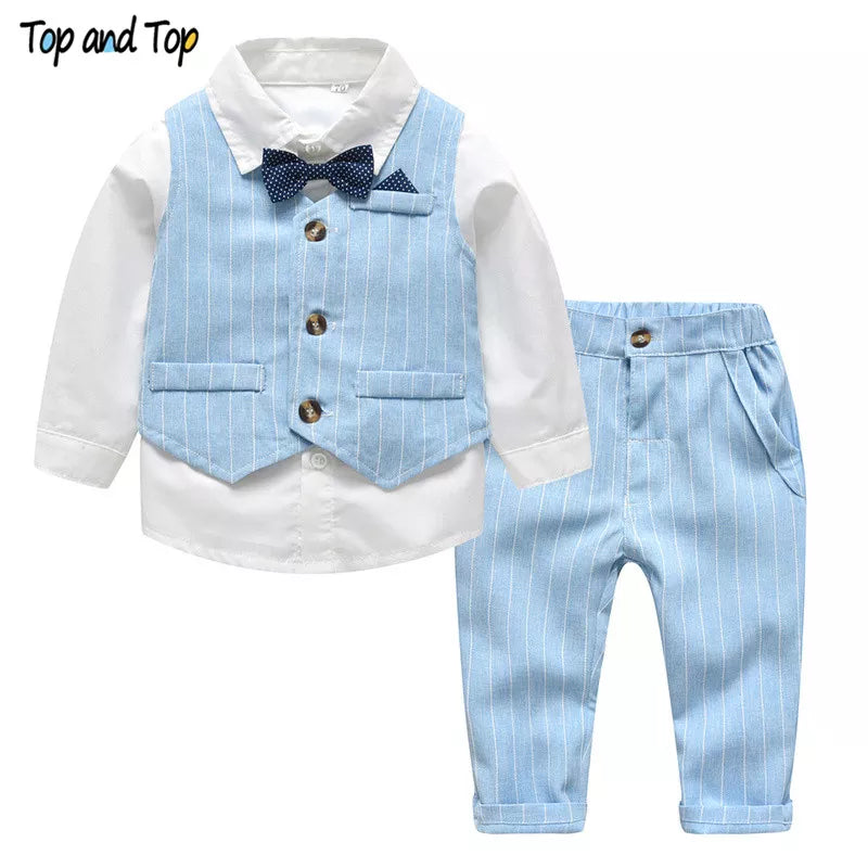Top and Top Spring&Autumn Baby Boy Gentleman Suit White Shirt with Bow Tie+Striped Vest+Trousers 3Pcs Formal Kids Clothes Set SKY BLUE