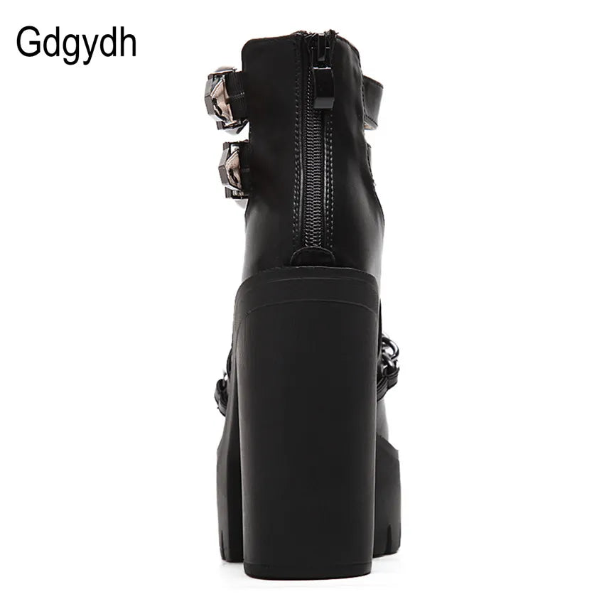 Spring Autumn Fashion Ankle Boots for Women High Heels Casual Cut-outs Buckle Round Toe Chain Thick Heels Platform Shoes