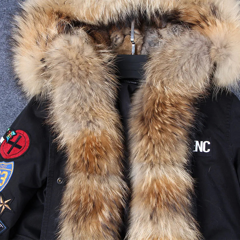 MaoMaoKong Natural Raccoon Fur Collar Women Jacket X-Long Embroidery Large Real Fur Hooded Parkas Winter Coat