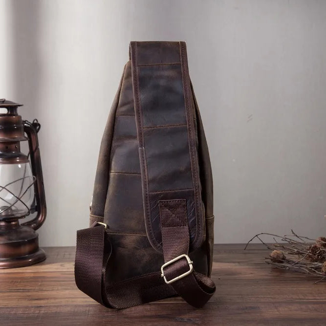 Men Original Crazy horse Leather Casual Triangle Crossbody Chest Sling Bag Design Travel One Shoulder Bag Daypack Male 8015