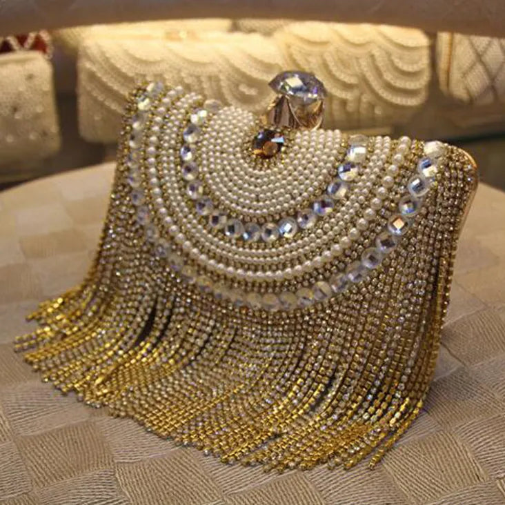 Rhinestones Tassel Clutch Diamonds Beaded Metal Evening Bags Chain Shoulder Messenger Purse Evening Bags For Wedding Bag - Basso & Brooke