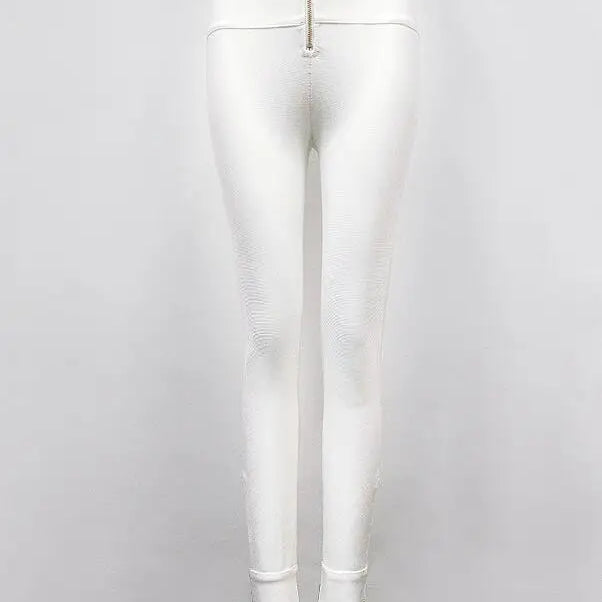 Calça feminina de inverno, promoção, sexy, com zíper nas costas, preta e branca, estilo bandagem, 2020, designer, justa, elástica, calça lápis feminina