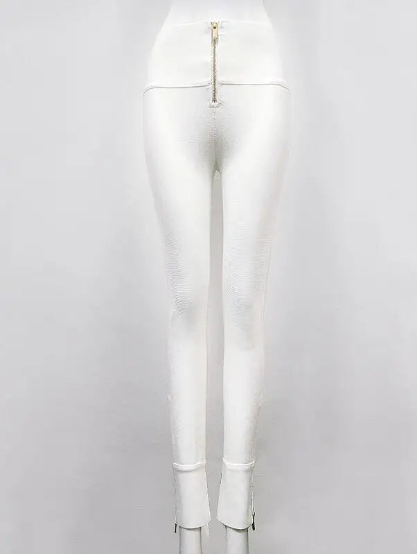 Calça feminina de inverno, promoção, sexy, com zíper nas costas, preta e branca, estilo bandagem, 2020, designer, justa, elástica, calça lápis feminina