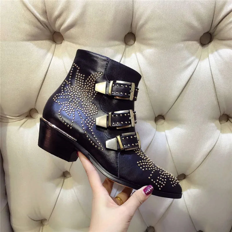 Women's Ankle Boots Rivet Flower Susanna Studded Cowboy Boots Genuine Leather Luxury Shoes Ladies Botines Mujer