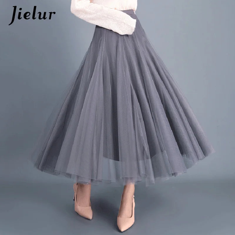 Jielur Skirts Womens Autumn 3 Layers Princess Tulle Mesh Pleated Skirt Saia Female Jupe Summer Tutu Skirts Faldas Mujer Moda GRAY One Size