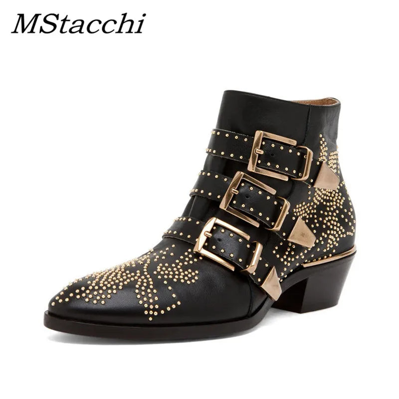 Women's Ankle Boots Rivet Flower Susanna Studded Cowboy Boots Genuine Leather Luxury Shoes Ladies Botines Mujer