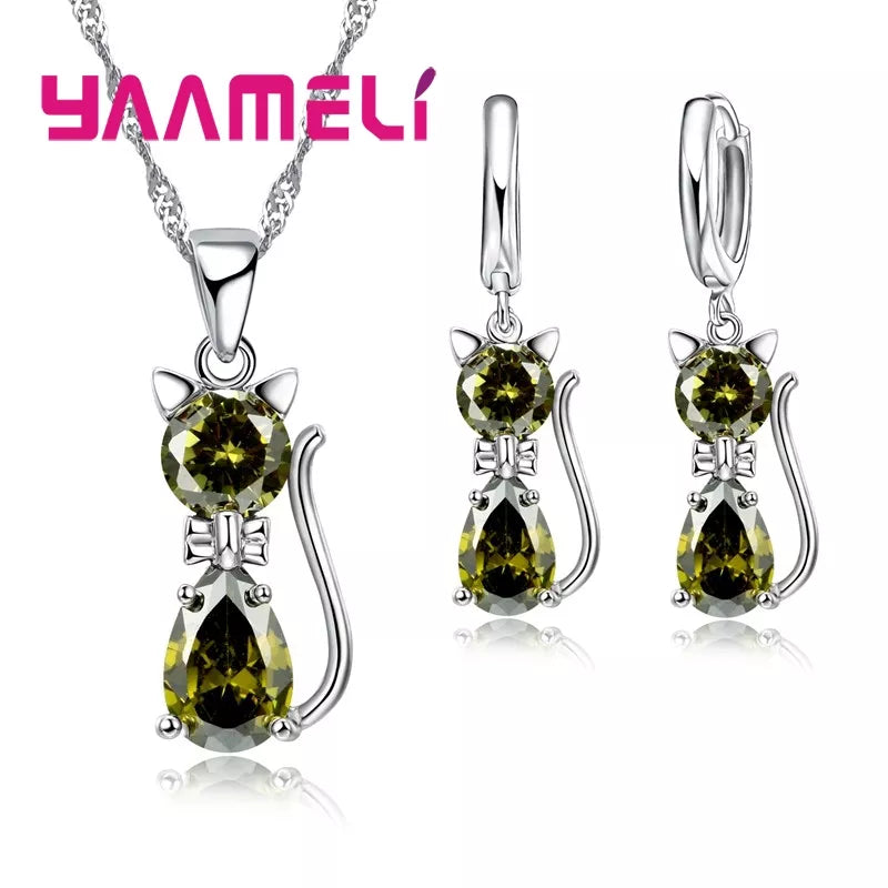 925 Sterling Silver Color Jewelry Sets for Woman Girls Shining Austrian Crystal Cute Cat Pendant Necklace Huggie Earring Green