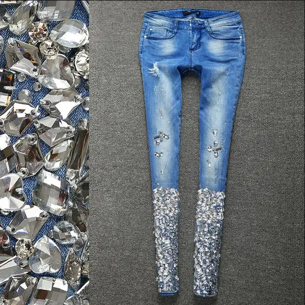 Women Silver Jeans with Rhinestones Sequins Jeans with Crystal Diamond Skinny Pencil jeans