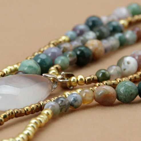 New Natural India Onyx with Seed Beads Teardop Pendant 3 Layered Necklace Bohemia Beaded Statement Necklaces Dropshipping