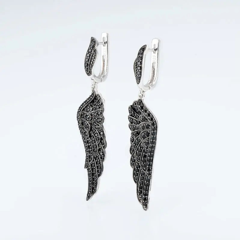 SANTUZZA Silver Earrings For Women Pure 925 Sterling Silver Black Spinel Angel's Wing Elegant brincos Dangling Fine Jewelry