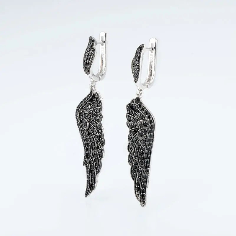 SANTUZZA Silver Earrings For Women Pure 925 Sterling Silver Black Spinel Angel's Wing Elegant brincos Dangling Fine Jewelry