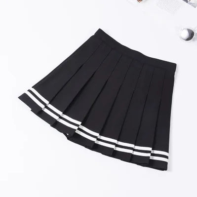 Students School Preppy High Waist A-Line Girls Two Striped Stitching Sailor Pleated Skirt Dance Zipper Skirt