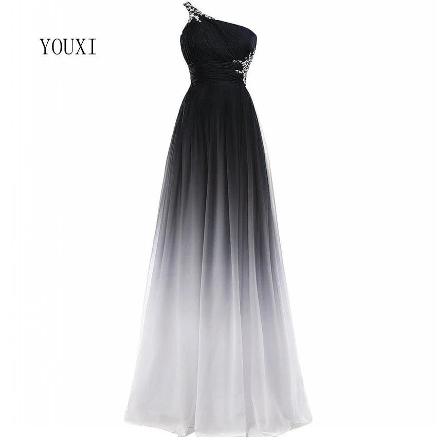 Sexy Criss-Cross Back One Shoulder Ombre Blue Black Red Chiffon Long Prom Dresses Formal Party Gowns black
