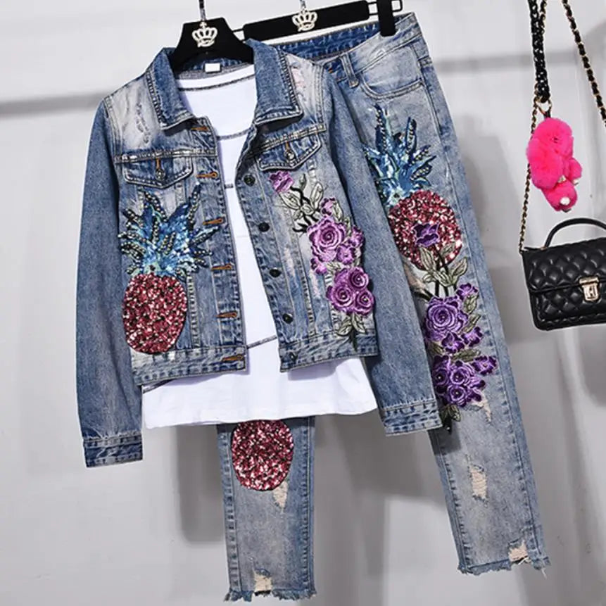two pieces sets spring new fashion women hole pineapple sequin embroidery flower denim jacket+skinny jeans