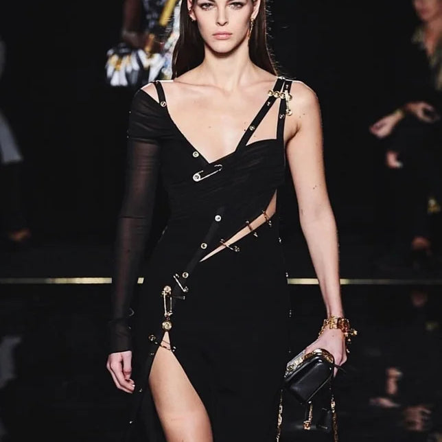 Vestido preto de manga comprida, um ombro só, aberto, rayon, bandagem, coquetel, festa, bodycon