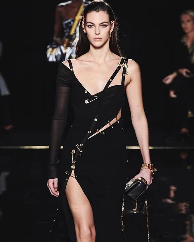 Vestido preto de manga comprida, um ombro só, aberto, rayon, bandagem, coquetel, festa, bodycon