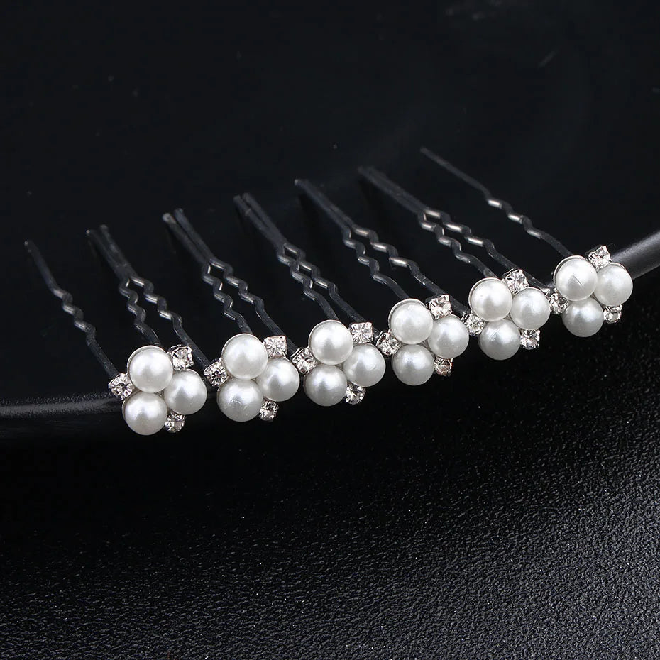 Miallo 6 pcs/lot Austrian Crystal Rhinestones Bridal Hairpins Pearls Wedding Headpieces Hair Jewelry Accessories for Women Silver