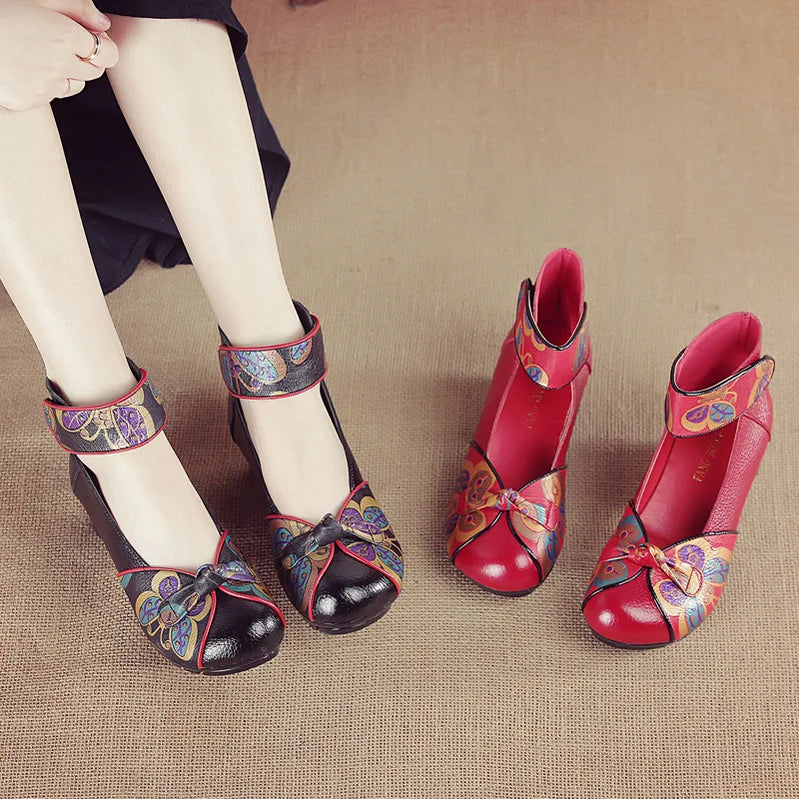 Women Pumps Casual Style Square Med Heel Spring Elegant Shallow Ladies Thick with Shoes Genuine Leather Sandals