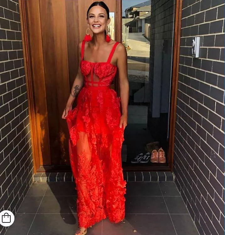 High Quality Red Lace Sleeveless Hollow Out Long Rayon Bandage Dress Evening Party Cute Dress