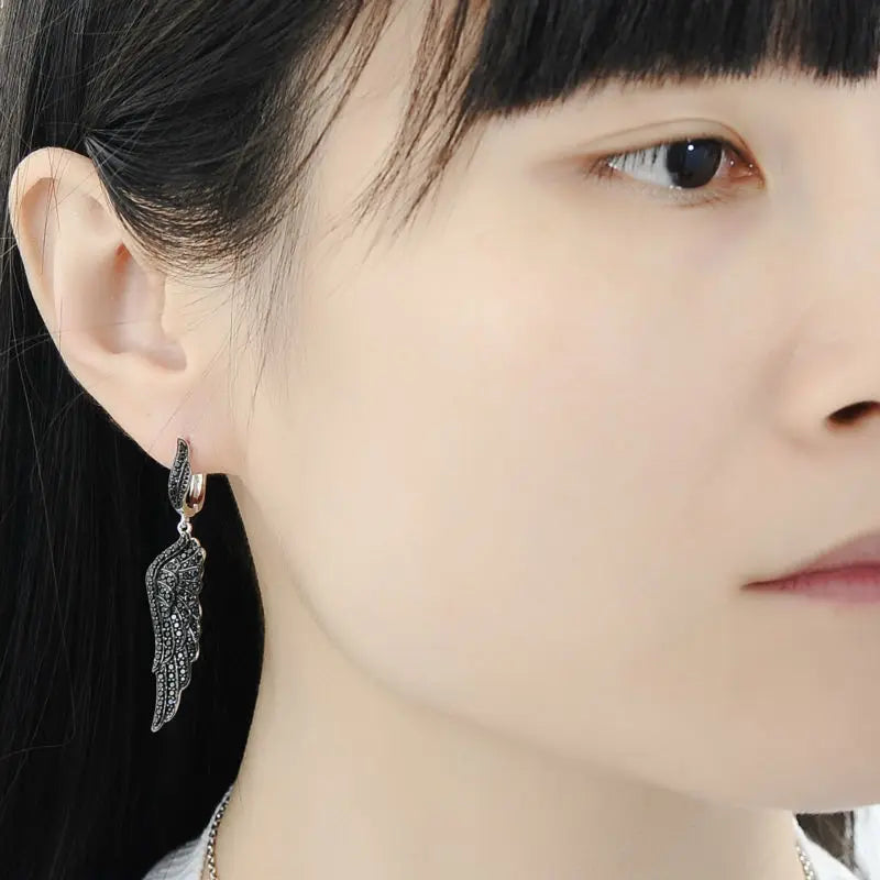 SANTUZZA Silver Earrings For Women Pure 925 Sterling Silver Black Spinel Angel's Wing Elegant brincos Dangling Fine Jewelry