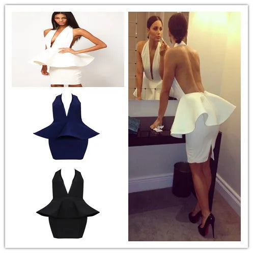 Celebrity White Backless V-neck Ruffles Rayon Bandage Dress Evening Party Dress Vestidos