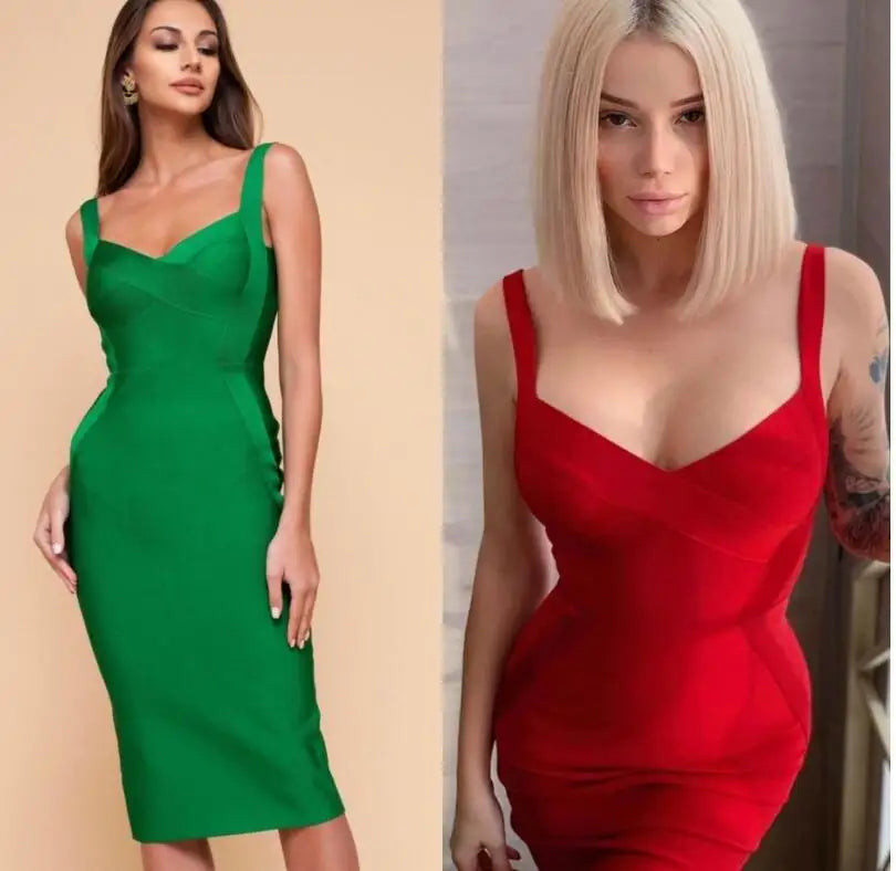 Pink Green Red Bodycon Knee Length Rayon Bandage Dress Evening Party Dress Vestidos