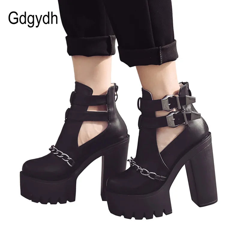 Spring Autumn Fashion Ankle Boots for Women High Heels Casual Cut-outs Buckle Round Toe Chain Thick Heels Platform Shoes