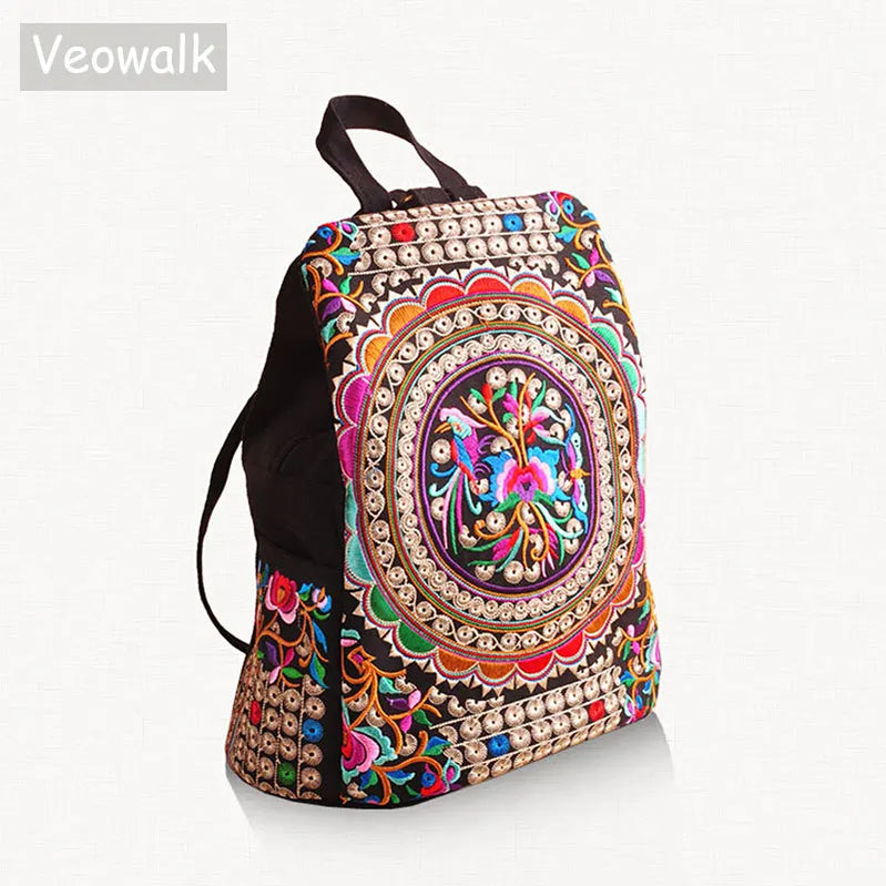 Vintage Artistic Embroidered Women Canvas Backpacks Handmade Floral Embroidery Rucksack Schoolbag Denim Travel Bags