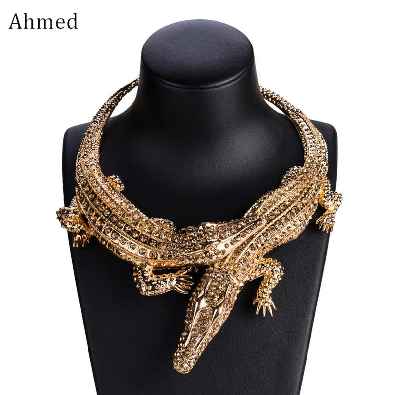 Ahmed New Design Exaggerated Punk Full Crystal Crocodile Necklace for Women Fashion Trending Statement Necklace Collar Bijoux