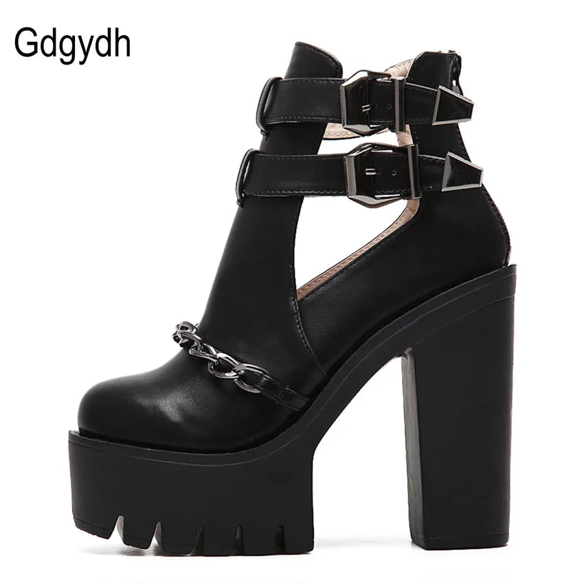 Spring Autumn Fashion Ankle Boots for Women High Heels Casual Cut-outs Buckle Round Toe Chain Thick Heels Platform Shoes