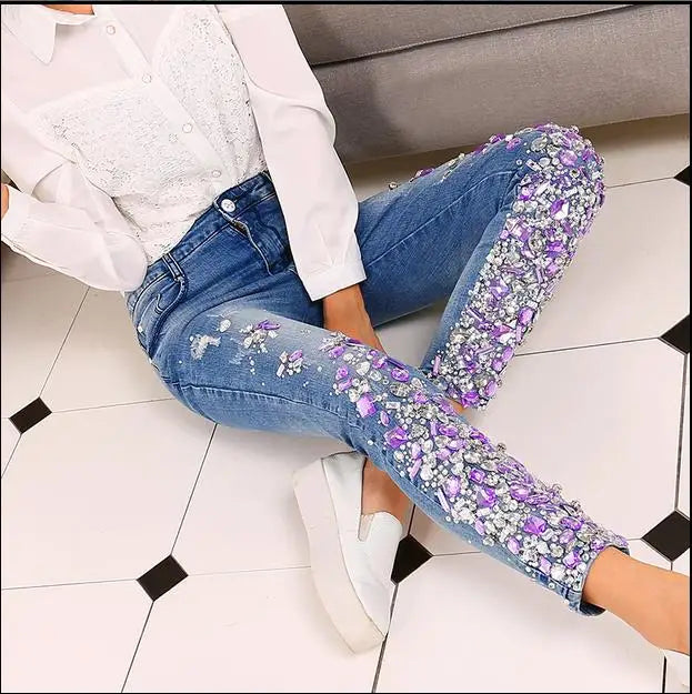 Women Silver Jeans with Rhinestones Sequins Jeans with Crystal Diamond Skinny Pencil jeans