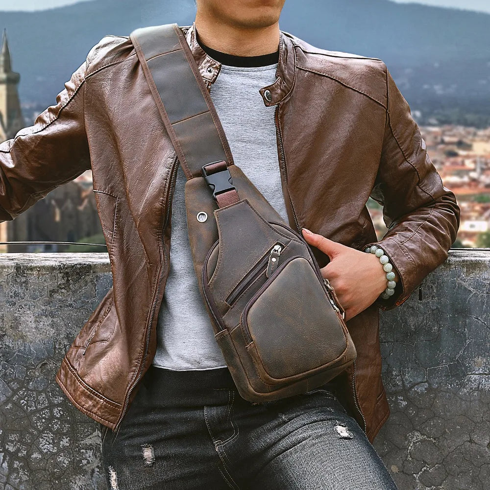 Men Original Crazy horse Leather Casual Triangle Crossbody Chest Sling Bag Design Travel One Shoulder Bag Daypack Male 8015