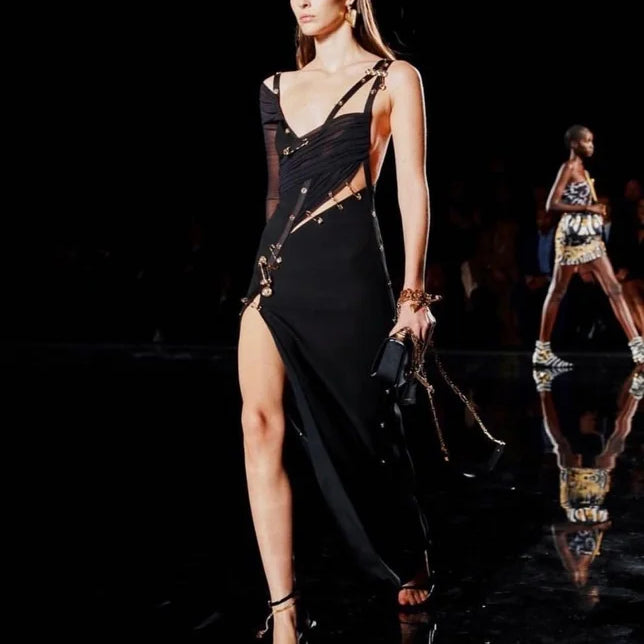 Vestido preto de manga comprida, um ombro só, aberto, rayon, bandagem, coquetel, festa, bodycon