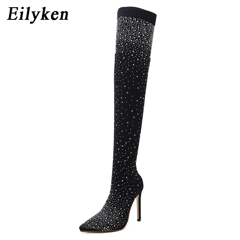 Fashion Runway Crystal Stretch Fabric Sock Over-the-Knee Boot Thigh High Pointed Toe Woman Stiletto Heel Shoes