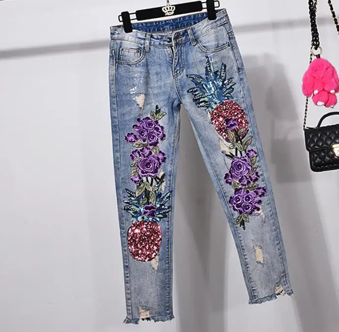 two pieces sets spring new fashion women hole pineapple sequin embroidery flower denim jacket+skinny jeans jeans