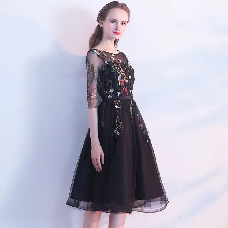 SEXY BLACK COCKTAIL DRESSES SHORT ELEGANT WOMEN PARTY FLOWER ROBES DE BAL BACKLESS HALF SLEEVE PROM DRESS