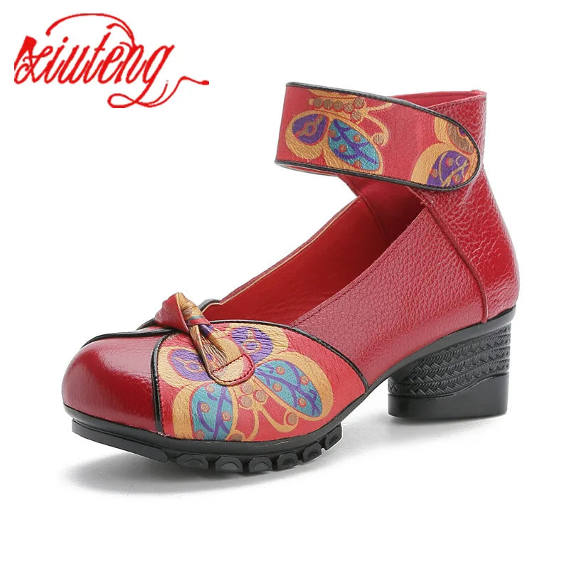 Women Pumps Casual Style Square Med Heel Spring Elegant Shallow Ladies Thick with Shoes Genuine Leather Sandals XT00161-Red