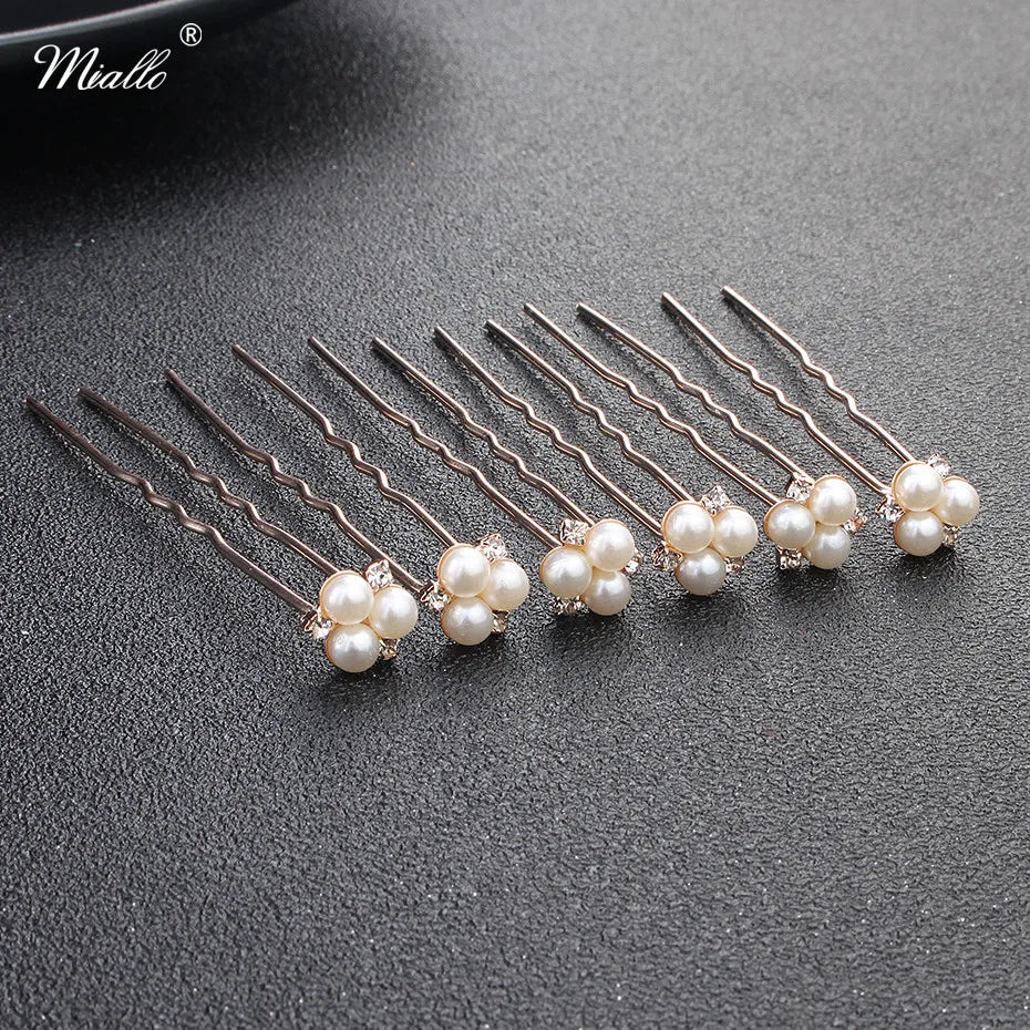 Miallo 6 pcs/lot Austrian Crystal Rhinestones Bridal Hairpins Pearls Wedding Headpieces Hair Jewelry Accessories for Women