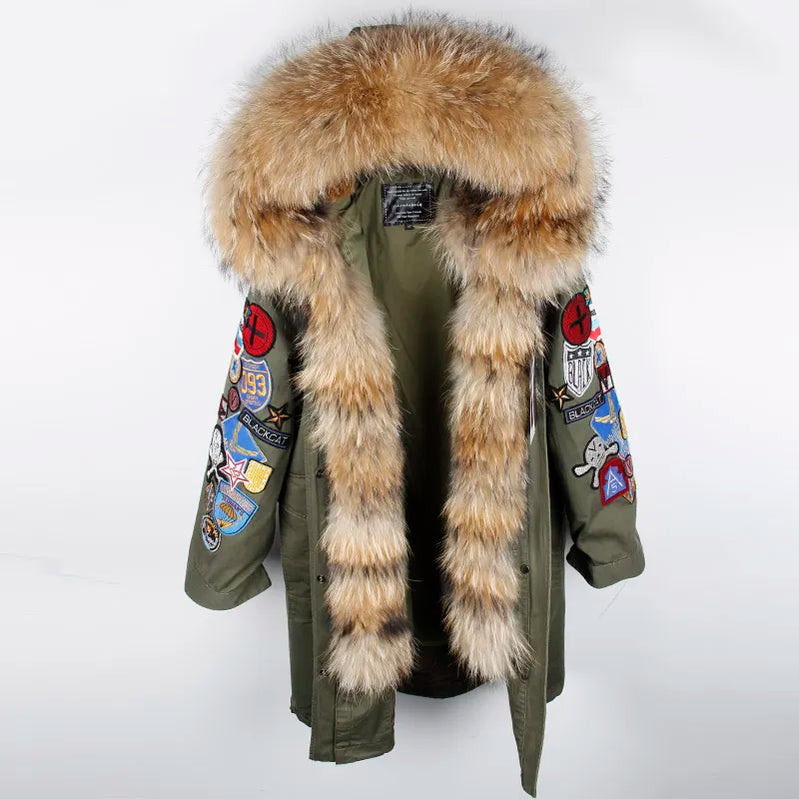 MaoMaoKong Natural Raccoon Fur Collar Women Jacket X-Long Embroidery Large Real Fur Hooded Parkas Winter Coat 3