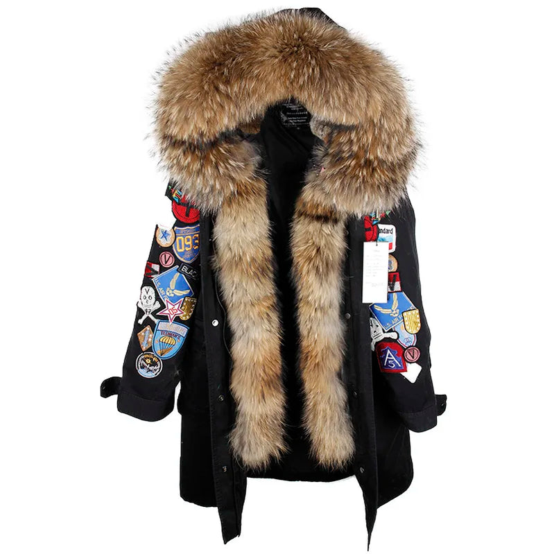 MaoMaoKong Natural Raccoon Fur Collar Women Jacket X-Long Embroidery Large Real Fur Hooded Parkas Winter Coat 2